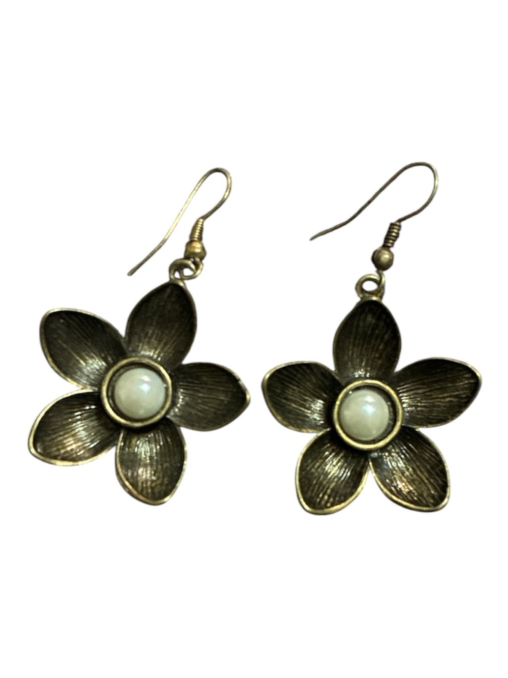 Vintage-Inspired Bronze Flower Drop Earrings with Pearl Center